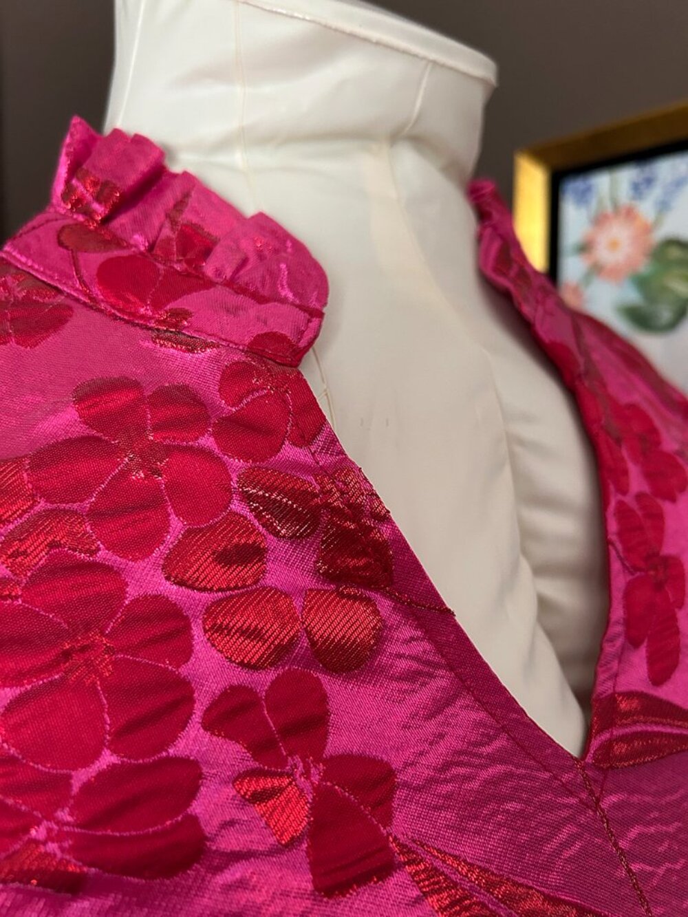 JODIFL Hot Pink & Red Brocade Puff-Sleeve Floral Dress - NWT XL - Picture 6 of 10